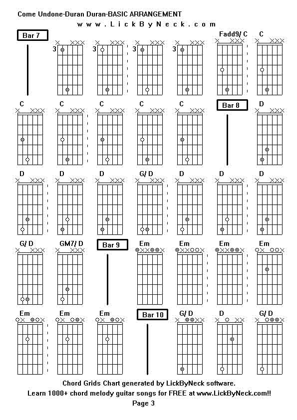 Chord Grids Chart of chord melody fingerstyle guitar song-Come Undone-Duran Duran-BASIC ARRANGEMENT,generated by LickByNeck software.